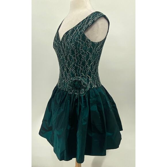 Vintage 80s Fit & Flare Cocktail Dress Lace Bodice Taffeta Mini Teal Womens 8 - Picture 5 of 12